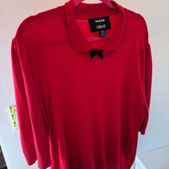 Collectif Red Knit Polo Sweater – Short Sleeve Retro Top, Size 18 - Picture 6 of 9